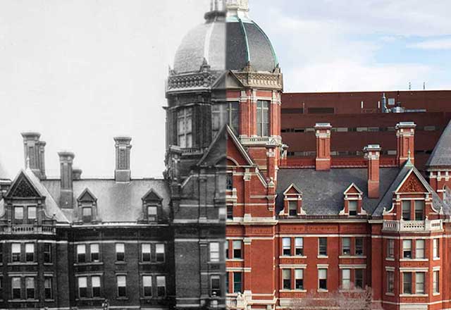 Photo of The Johns Hopkins Hospital from 1889 and present day, side-by-side.